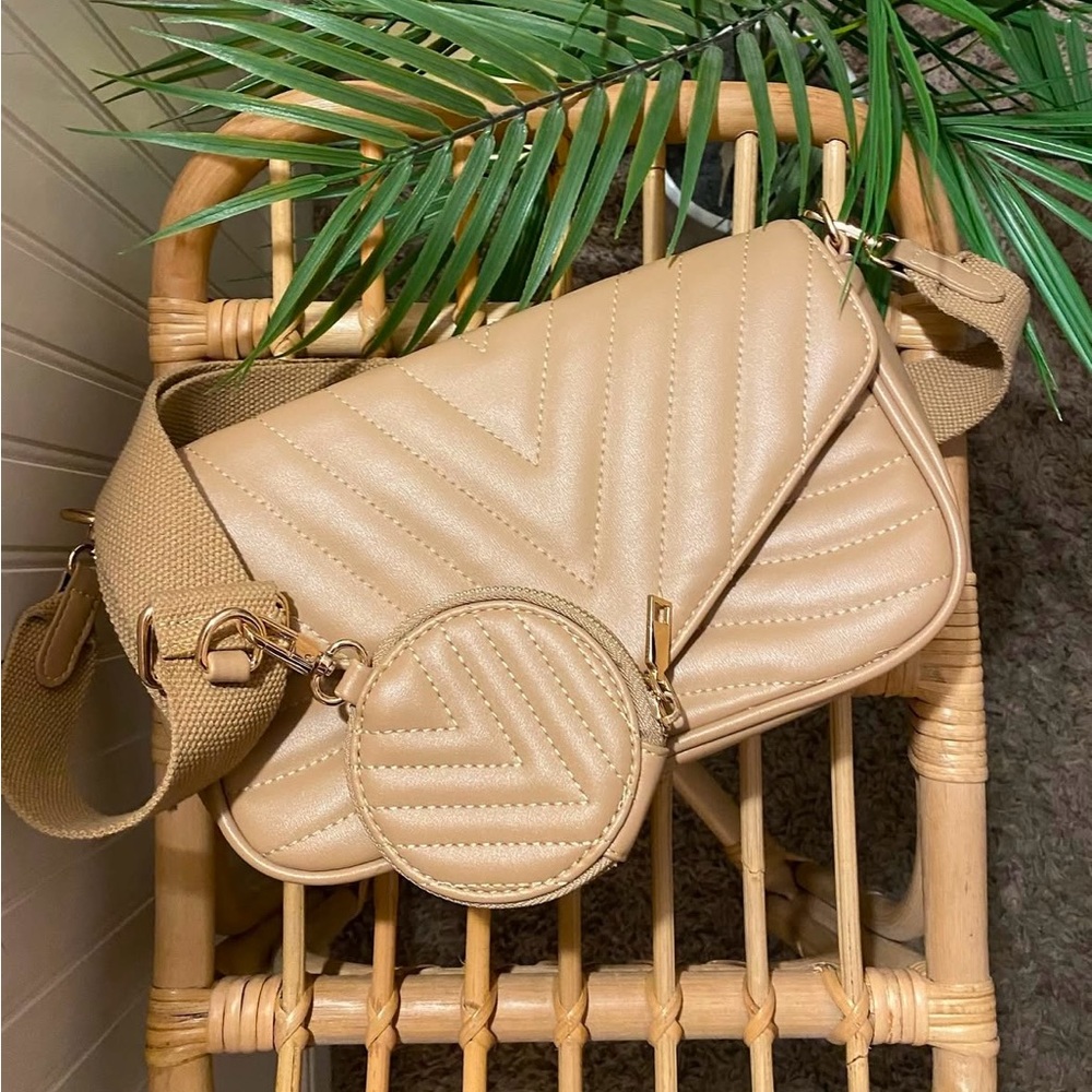 Tan Quilted Chevron Crossbody Bag with Coin Pouch